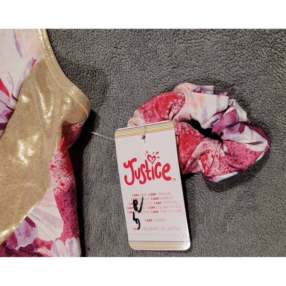New Justice 1 Shoulder Leotard&Matching Scrunchie Gymnastic/Dance Floral GoldXL